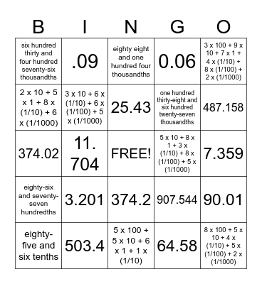 Number Forms Bingo Card