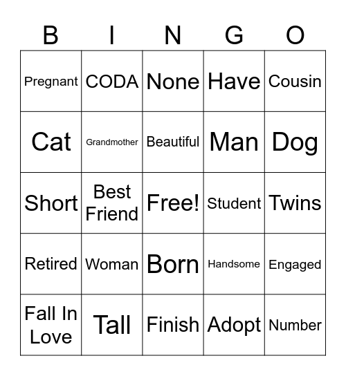 ASL 101 Conversation Hour Week 8 BINGO Card
