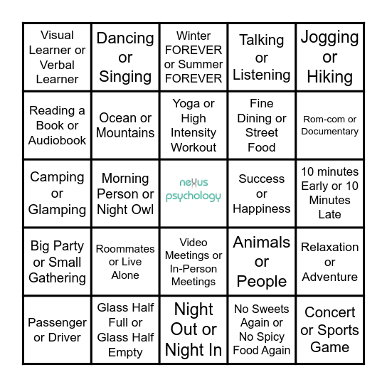 Highlight your preference Bingo Card