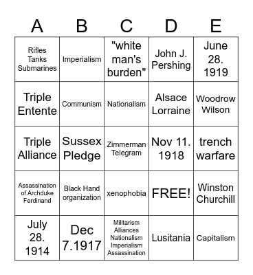 WWI & Imperialism Bingo Card