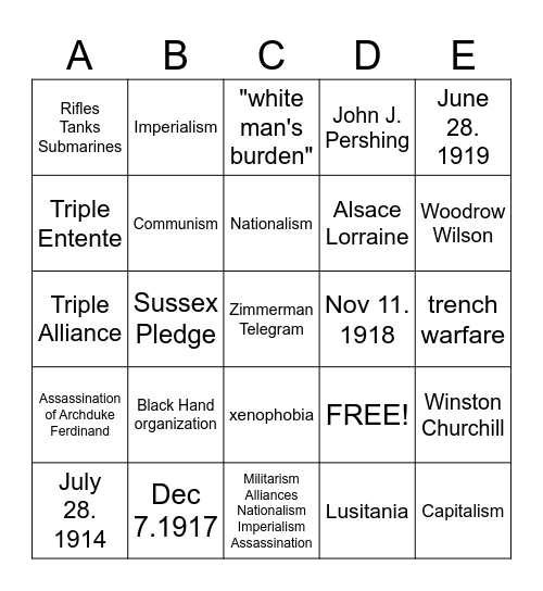 WWI & Imperialism Bingo Card