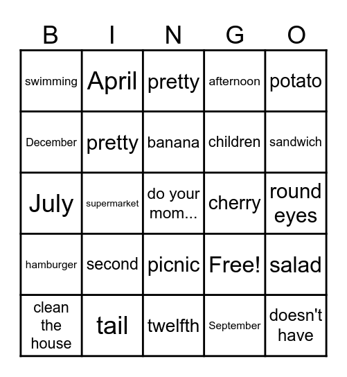 Burt 3 Bingo Card