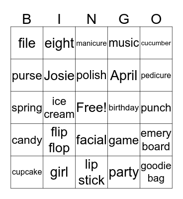 Josie's Birthday Bingo Card