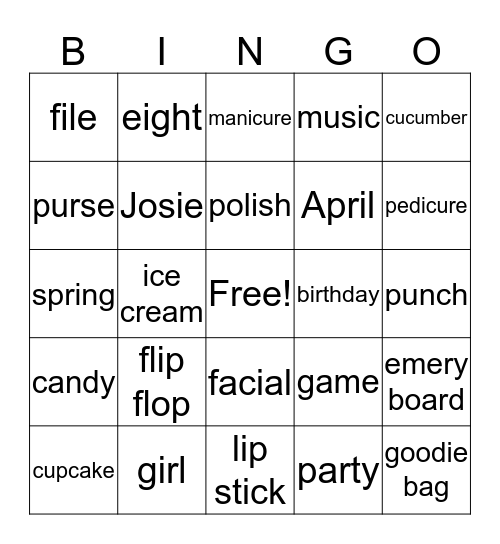 Josie's Birthday Bingo Card