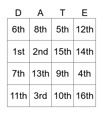 Calendar Ordinal Number from 1st to 16th Bingo Card