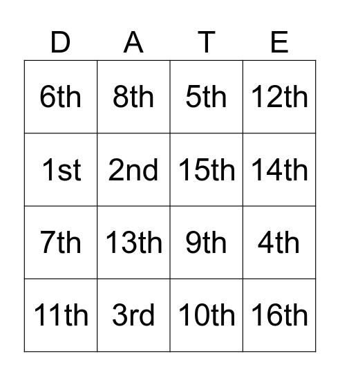 Calendar Ordinal Number from 1st to 16th Bingo Card