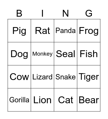 Animals Bingo Card