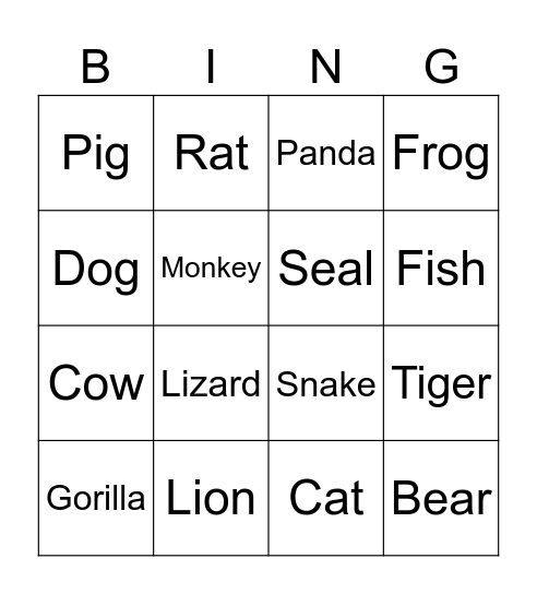 Animals Bingo Card