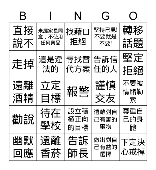 我能勇敢謹慎拒絕誘惑! Bingo Card