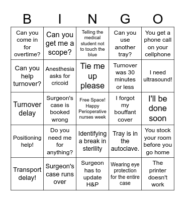 Perioperative Nurses Week 2023 Bingo Card