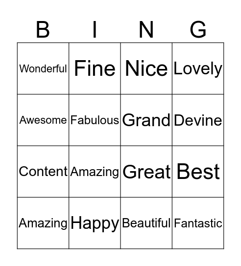 Synonyms for 'good' Bingo Card
