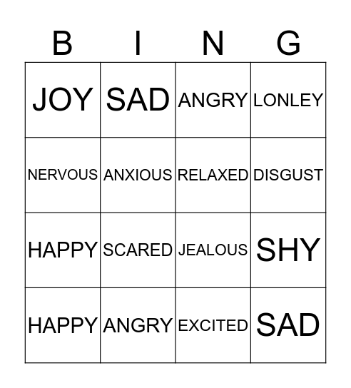 Feelings Bingo Card