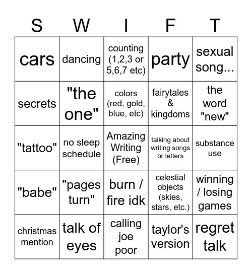 Taylor Swift Bingo Card