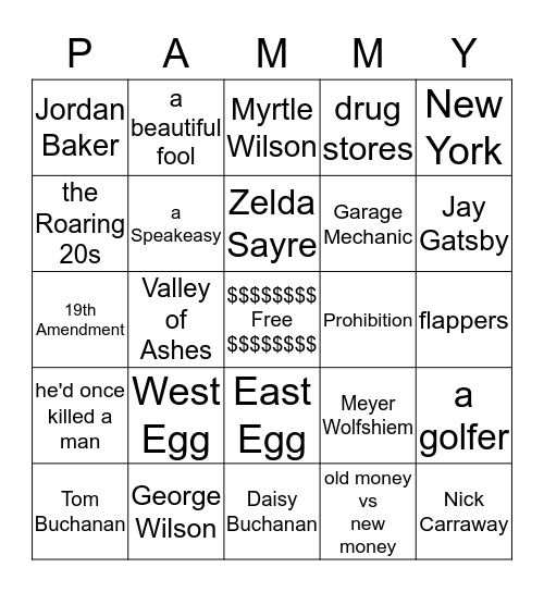 Gatsby and Other Things Bingo Card