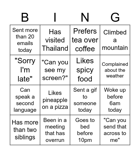 Team meeting BINGO Card