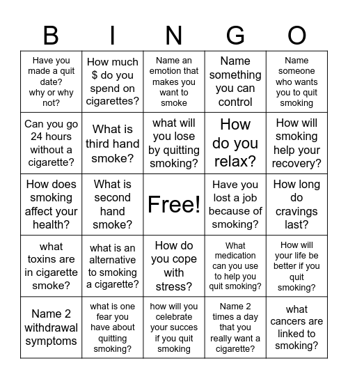 Quit Smoking Bingo Card