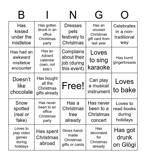 Online Christmas party ice-breaker Bingo Card