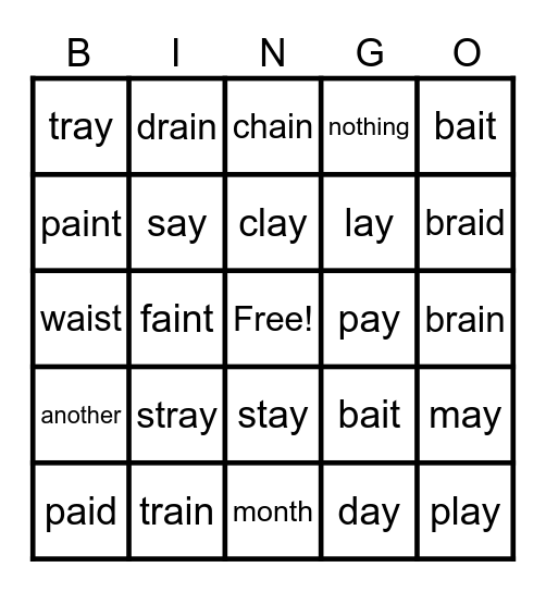 AY/AI Words Bingo Card