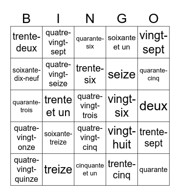 French Numbers 0-100 Bingo Card