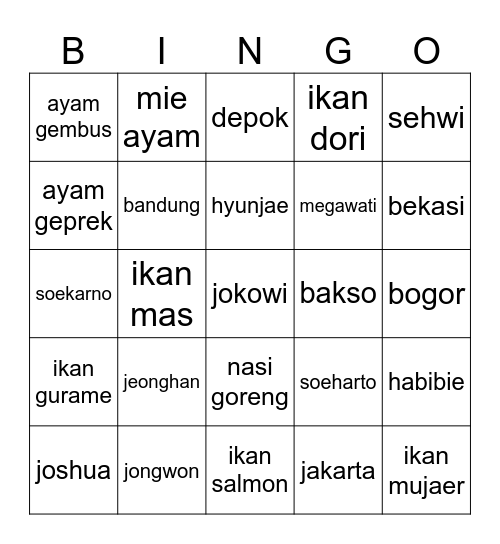 punya jeongh Bingo Card