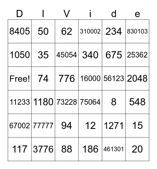 Divisibility BINGO Card