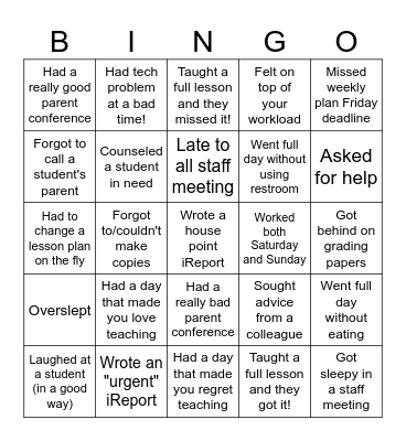 IESTy First Semester New Teacher Bingo Card