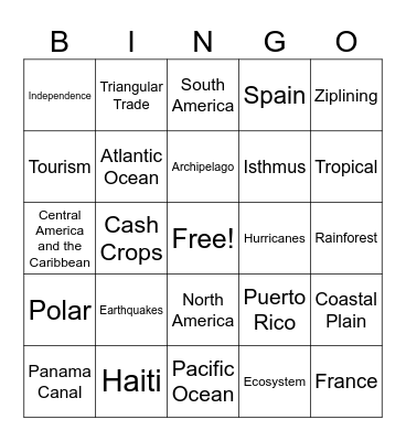 Central America and the Caribbean Bingo Card