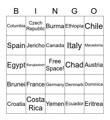 Country Bingo Card