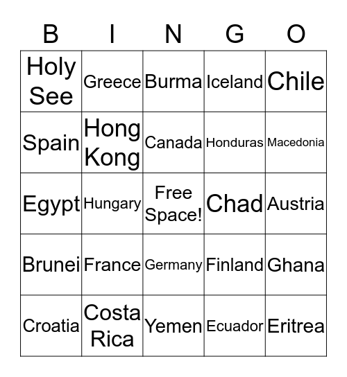 Country Bingo Card