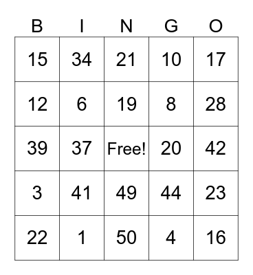 Numeros 0-60 Bingo Card