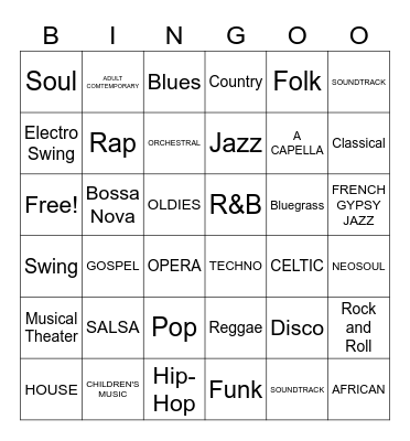 Music Genre Bingo! Bingo Card