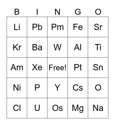 Periodic Table Bingo Card