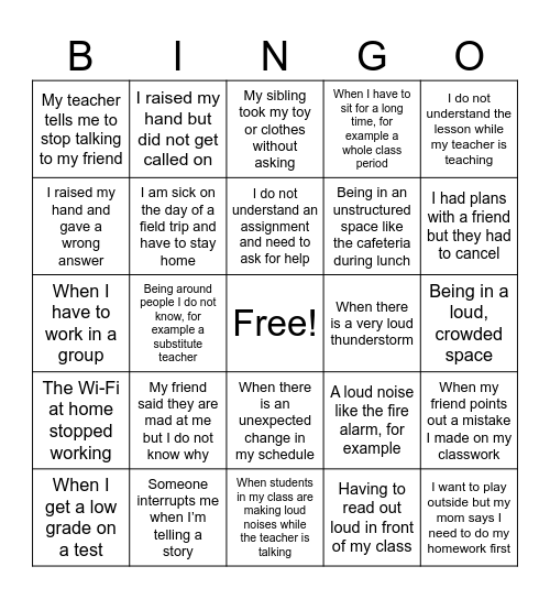 Emotional Trigger Bingo Card