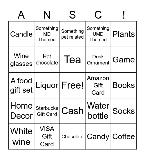 ANSC Gift Bingo Card