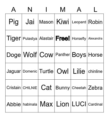 Animals Bingo Card