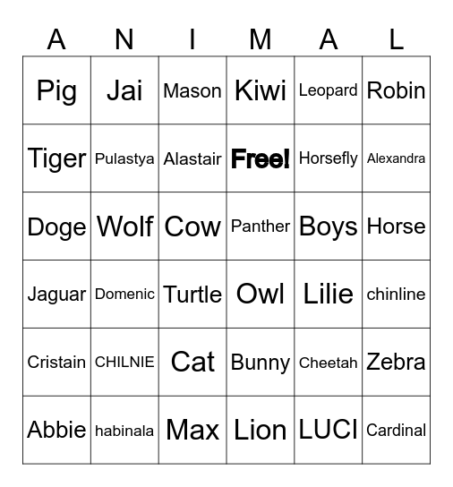 Animals Bingo Card