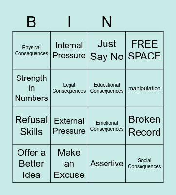 Peer Pressure Refusal Strategies Bingo Card