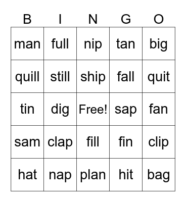Short a & Short i Bingo Card