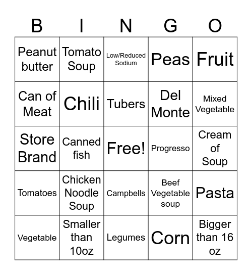 Canned Food Drive Bingo Card