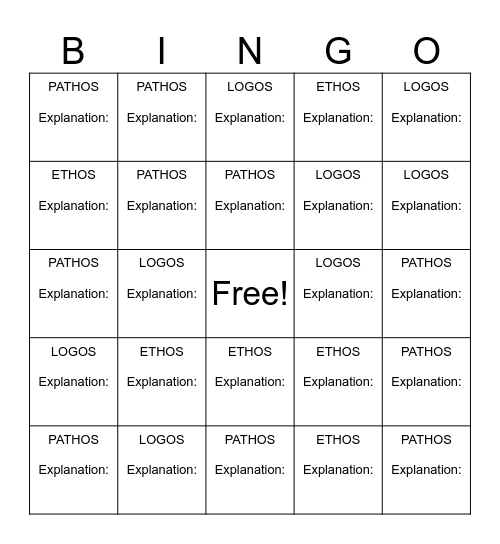 Ethos Pathos Logos Bingo Card