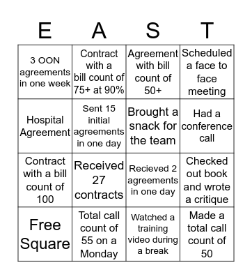 East Team Bingo Card