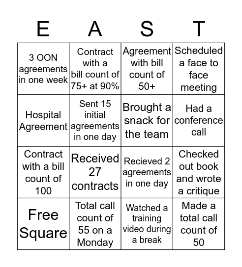 East Team Bingo Card