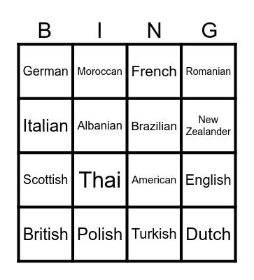 Nationalities Bingo Card