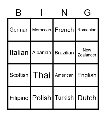 Nationalities Bingo Card