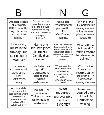 MiSHCA HIV Training Module Bingo Card