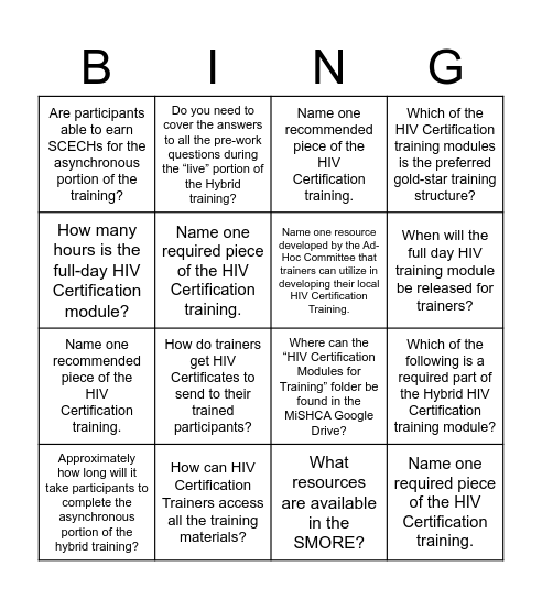 MiSHCA HIV Training Module Bingo Card