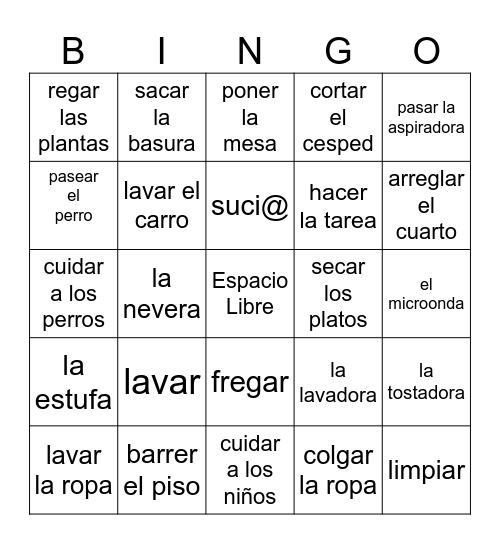 Los Quehaceres: Vocabulario Bingo Card