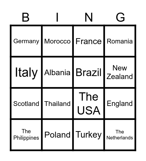 Countries Bingo Card