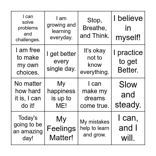 Affirmations Bingo Card