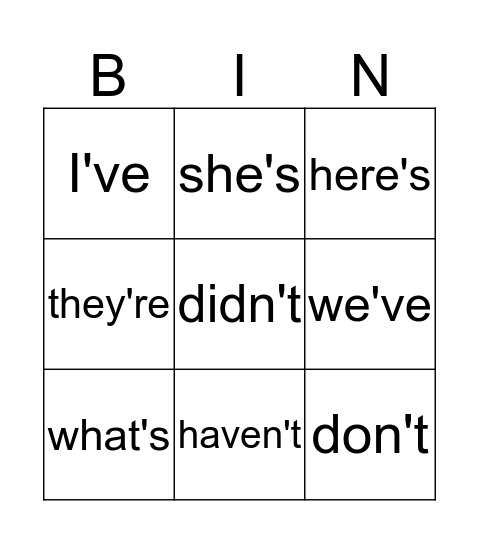 Contractions Bingo Card